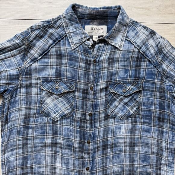 Ryan Michael Men's Large Western Shirt Button Up Blue Woven Plaid Long Sleeve - Picture 2 of 15